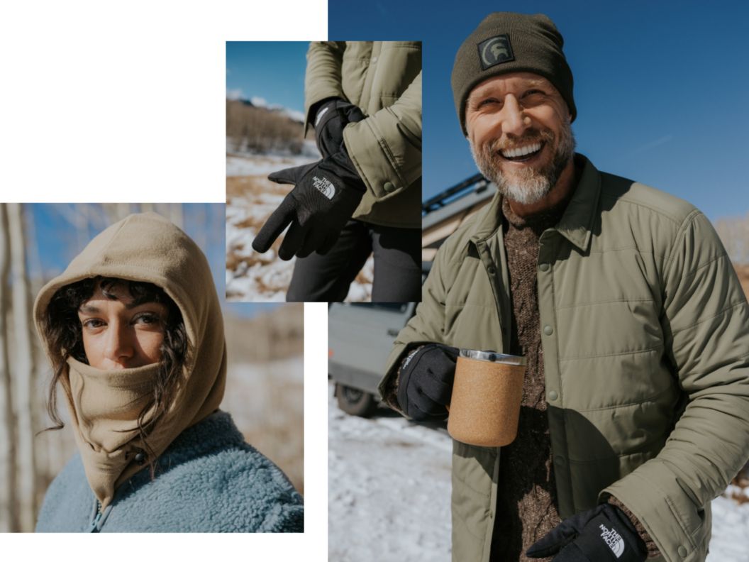 A woman in a fleece balaclava, a man wearing a knit beanie, and a closeup of hands pulling on The North Face gloves. 